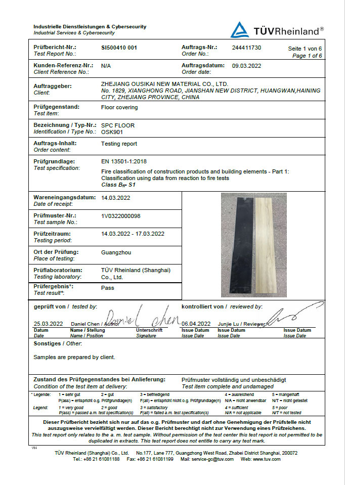 Dishoverflooring manufacture-certification-TUV-firetests-report