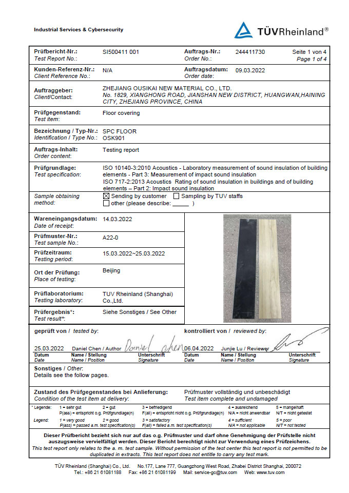 Dishoverflooring manufacture-certification-TUV-sound-report